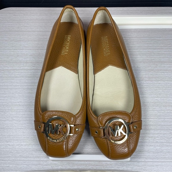 Michael Kors Fulton Ballet Flats Brown Leather Shoes Gold MK Logo Size 8M - Picture 1 of 7